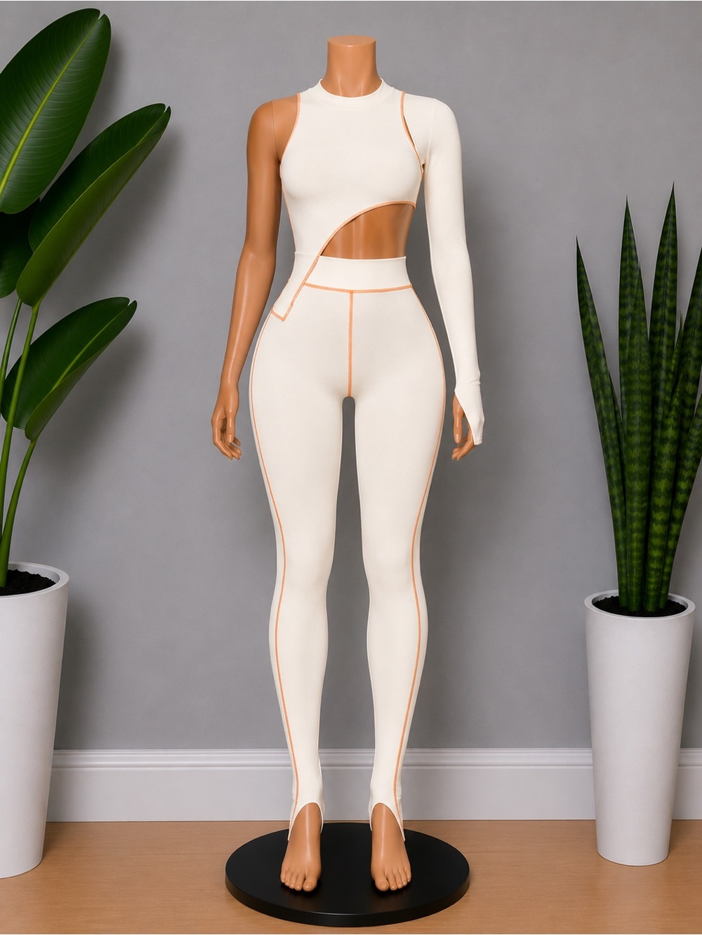 Cream Asymmetric Cutout Legging setwith Contrast Stitching